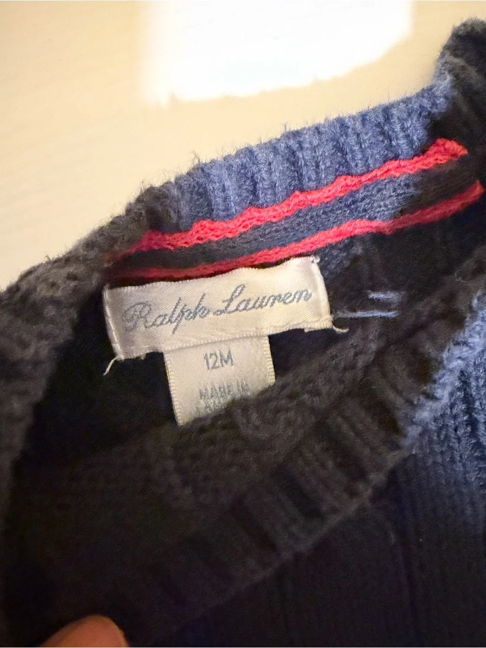 Ralph Lauren Navy Cable-Knit Crewneck Sweater with Red Pony